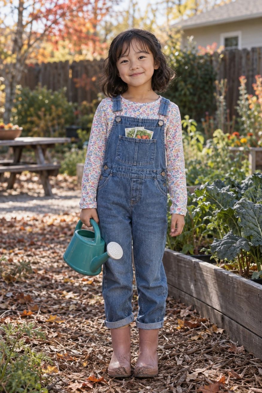 Denim overalls worn over floral printed shirt paired with wide brim sunhat and mini watering can