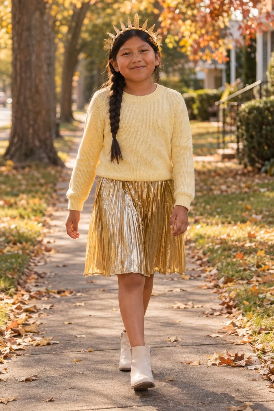 Pleated gold foil skirt paired with soft yellow knit sweater and fabric sun ray headband