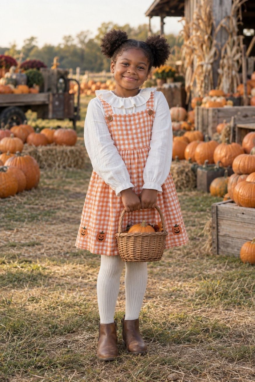 Orange gingham pinafore dress paired with embroidered jack-o-lantern apron and white ruffle blouse