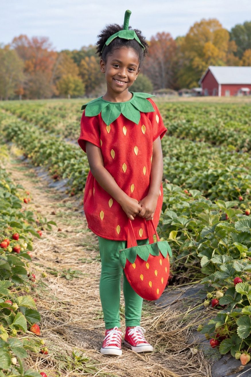 Red polka dot strawberry tunic with green felt leaf collar and strawberry shaped trick or treat bag