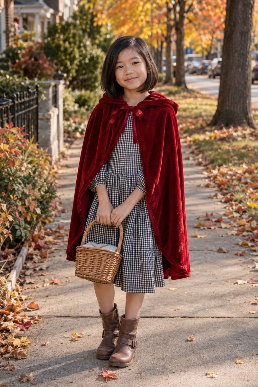 Crimson red velvet hooded cape draped over black and white gingham cotton dress with leather boots