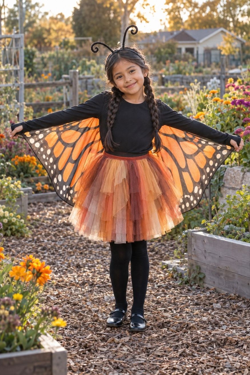 Ombre tulle skirt paired with printed fabric butterfly wing cape with thumb loops and antenna headband