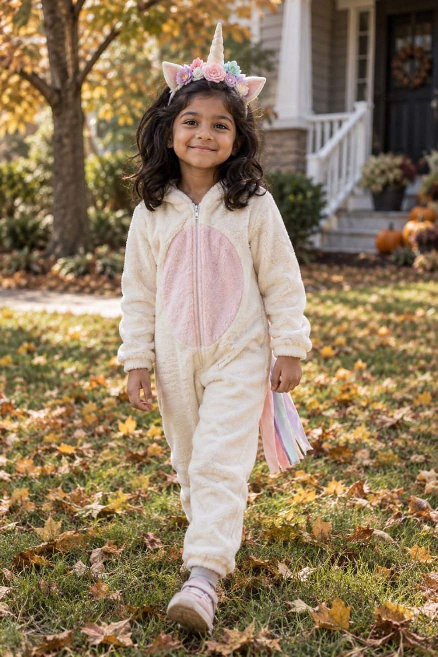Cozy white fleece unicorn jumpsuit with pastel yarn mane down back and felt floral horn headband