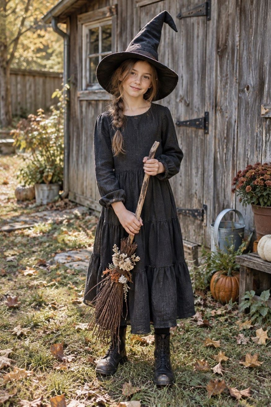 Dark linen tiered maxi dress paired with wide brim pointed soft felt witch hat and dried flower broom prop