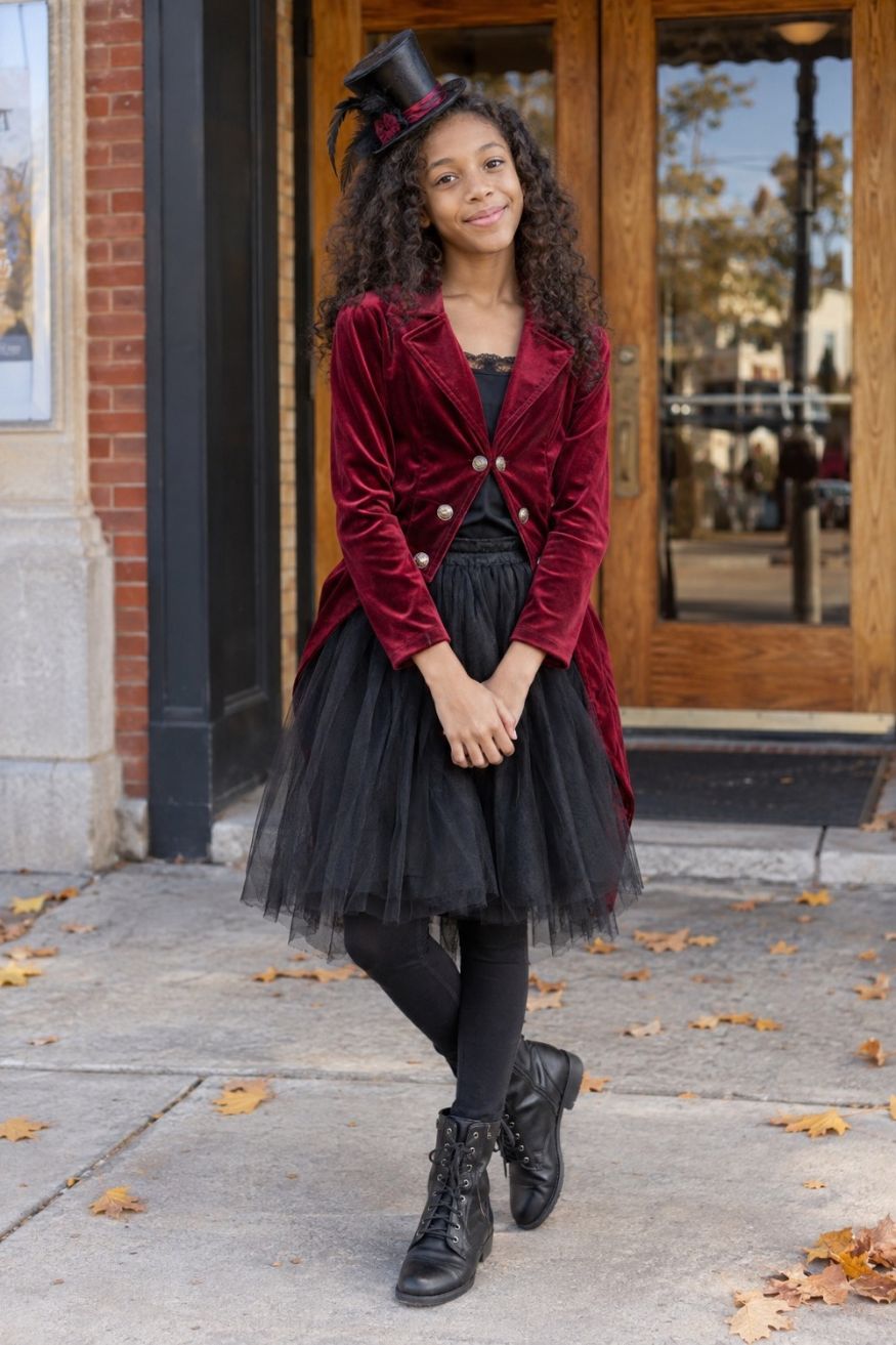 Crimson velvet tailcoat jacket worn over black tulle tutu skirt with high waisted black leggings and mini top hat