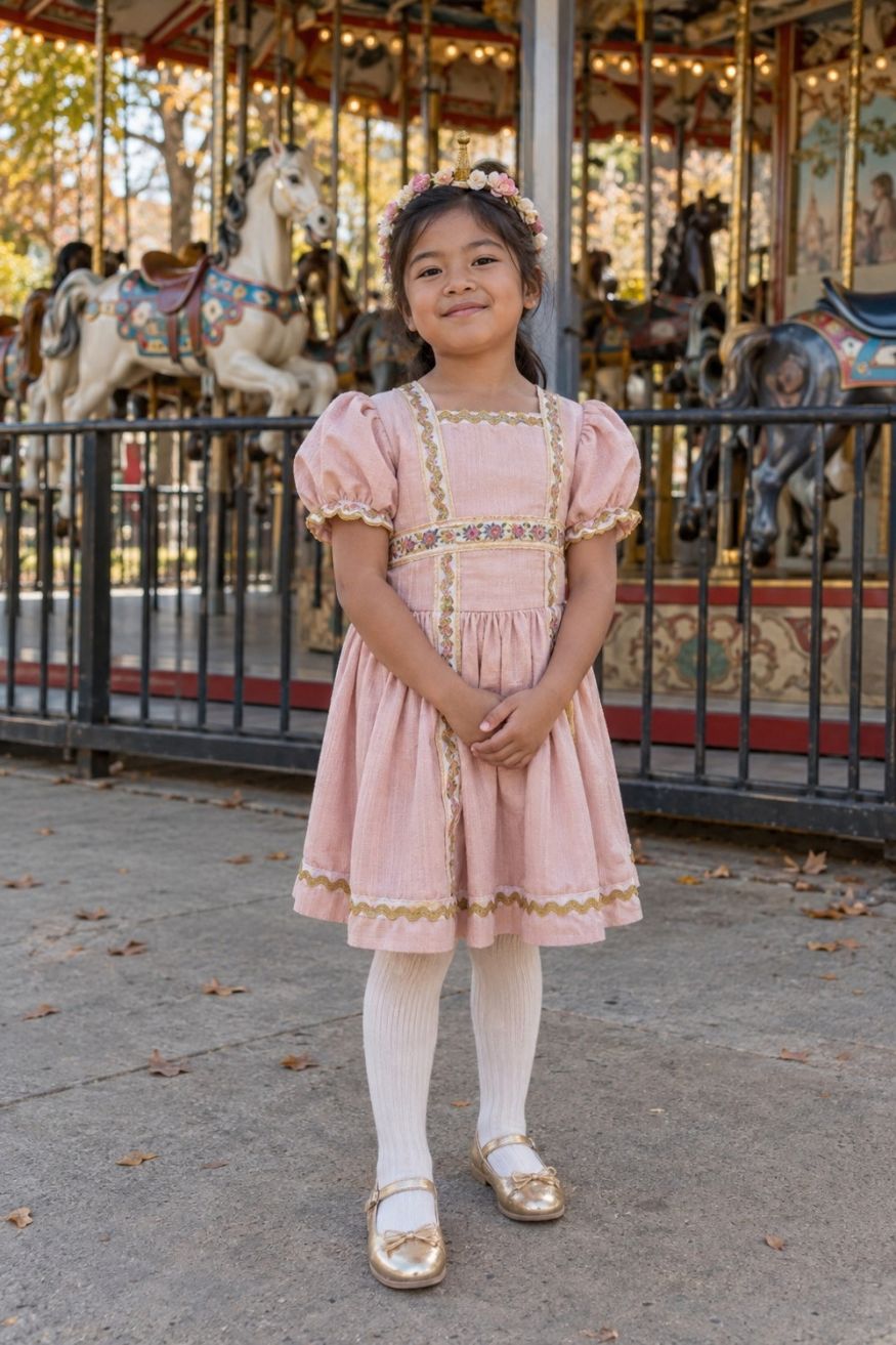 Soft blush pink dress trimmed in gold ric rac ribbon with floral crown and sculpted golden pole motif