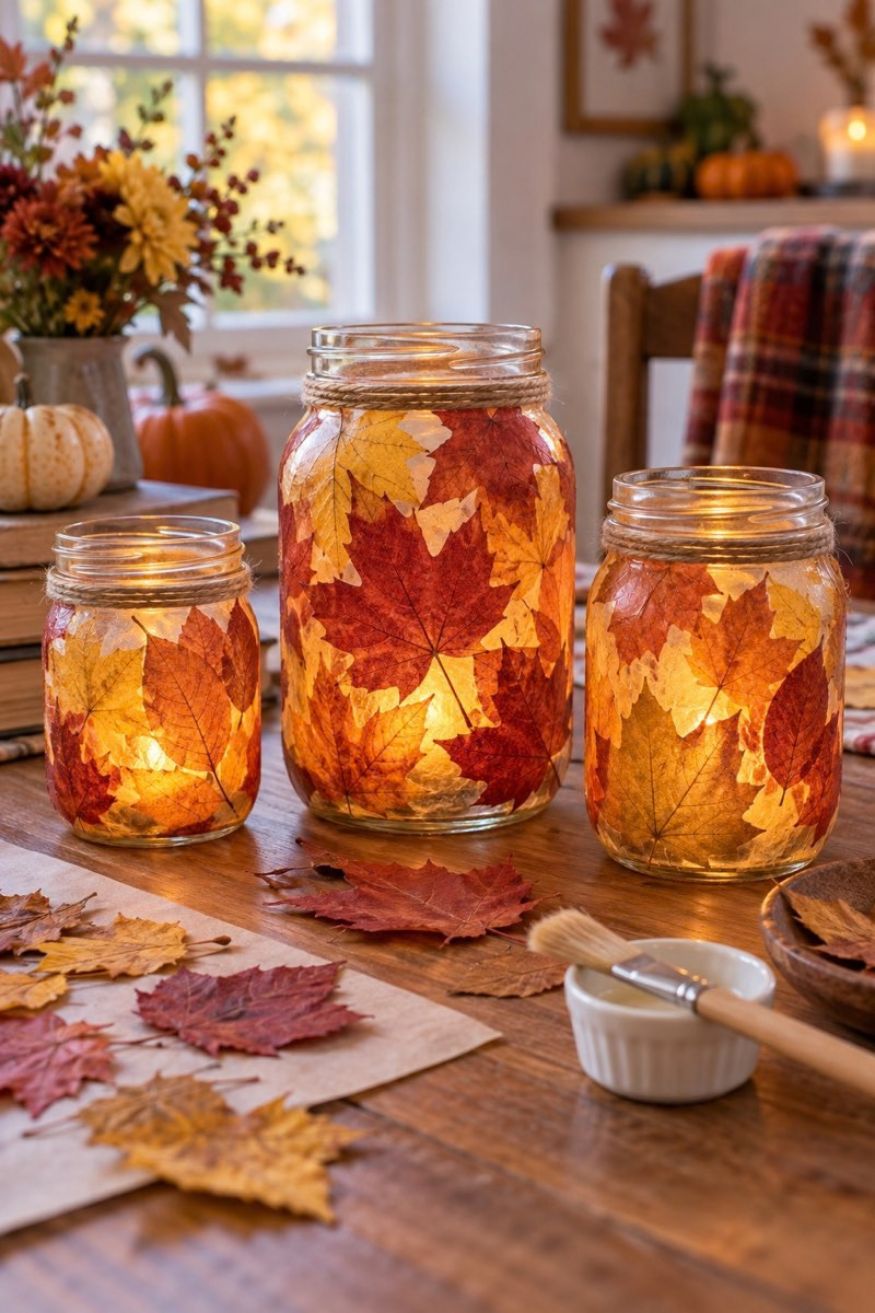 Pressed autumn maple leaf mason jar lanterns with warm battery tea lights glowing inside