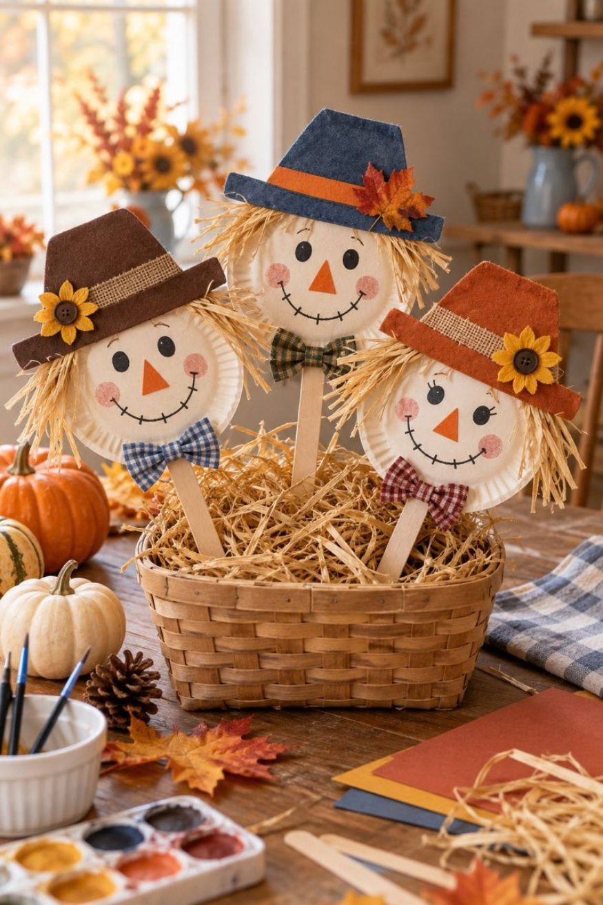 Tan painted paper plate scarecrow with raffia hair, brown felt hat, and craft stick handle