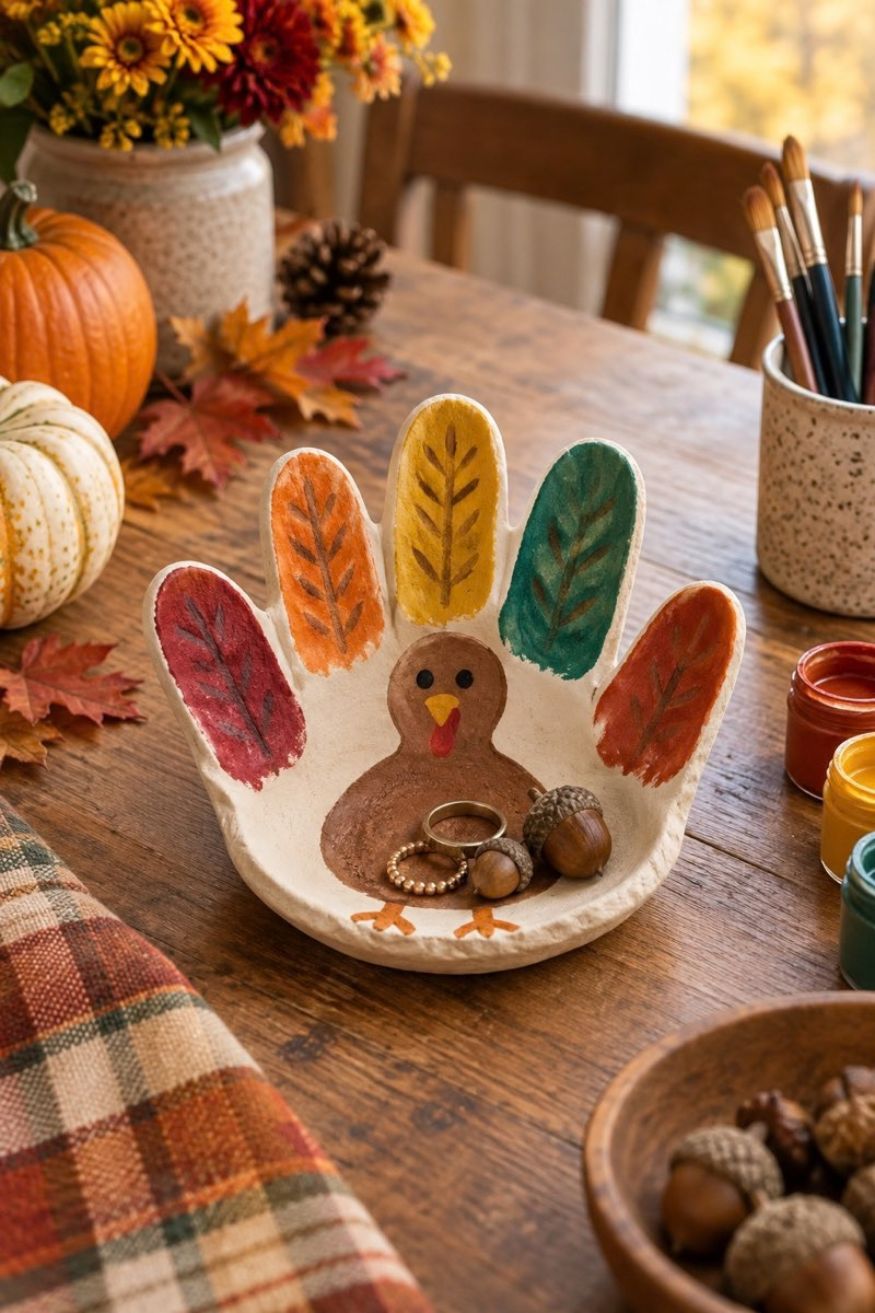 Child handprint dish cut from white air-dry clay with fingers painted in autumn feather colors