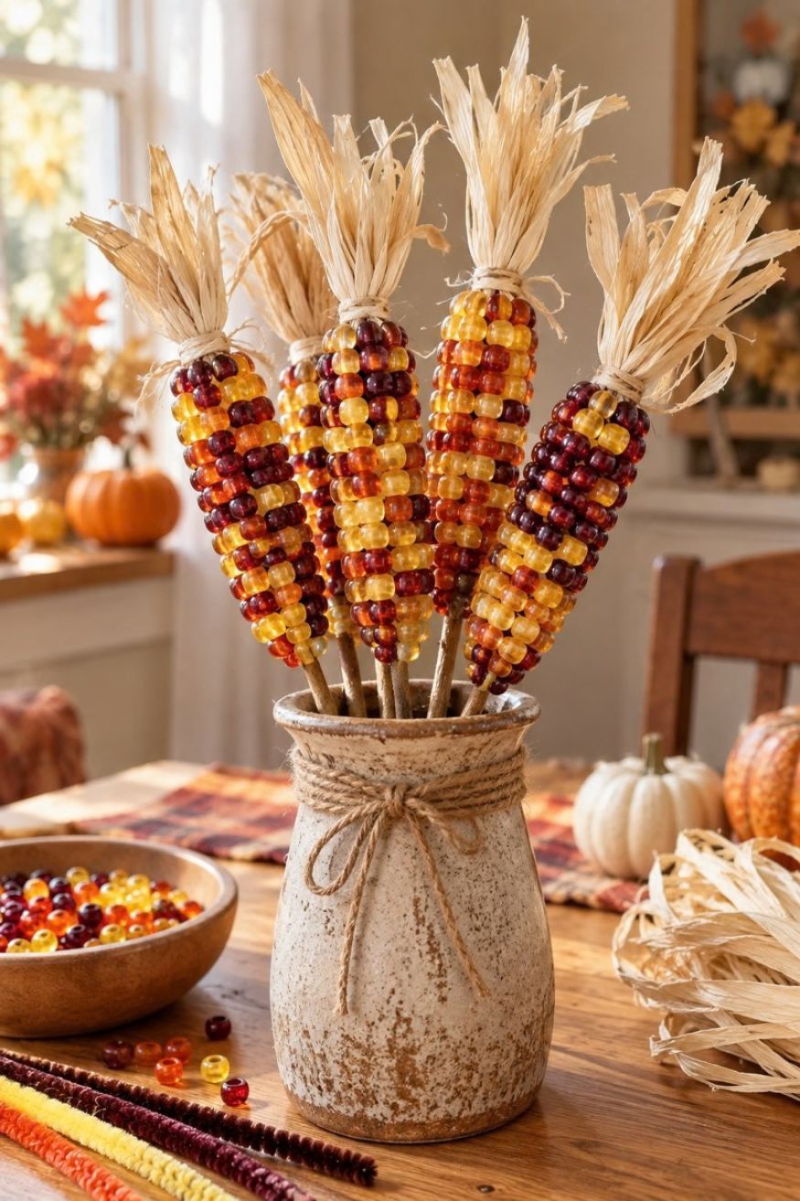Tan pipe cleaners threaded with burgundy, orange, yellow, and brown pony beads tied into an Indian corn cob bundle
