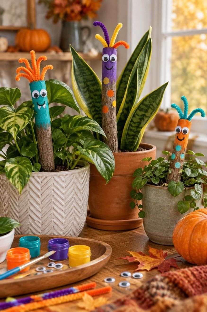 Natural tree twigs painted with acrylic paints and googly eyes placed inside potted house plants