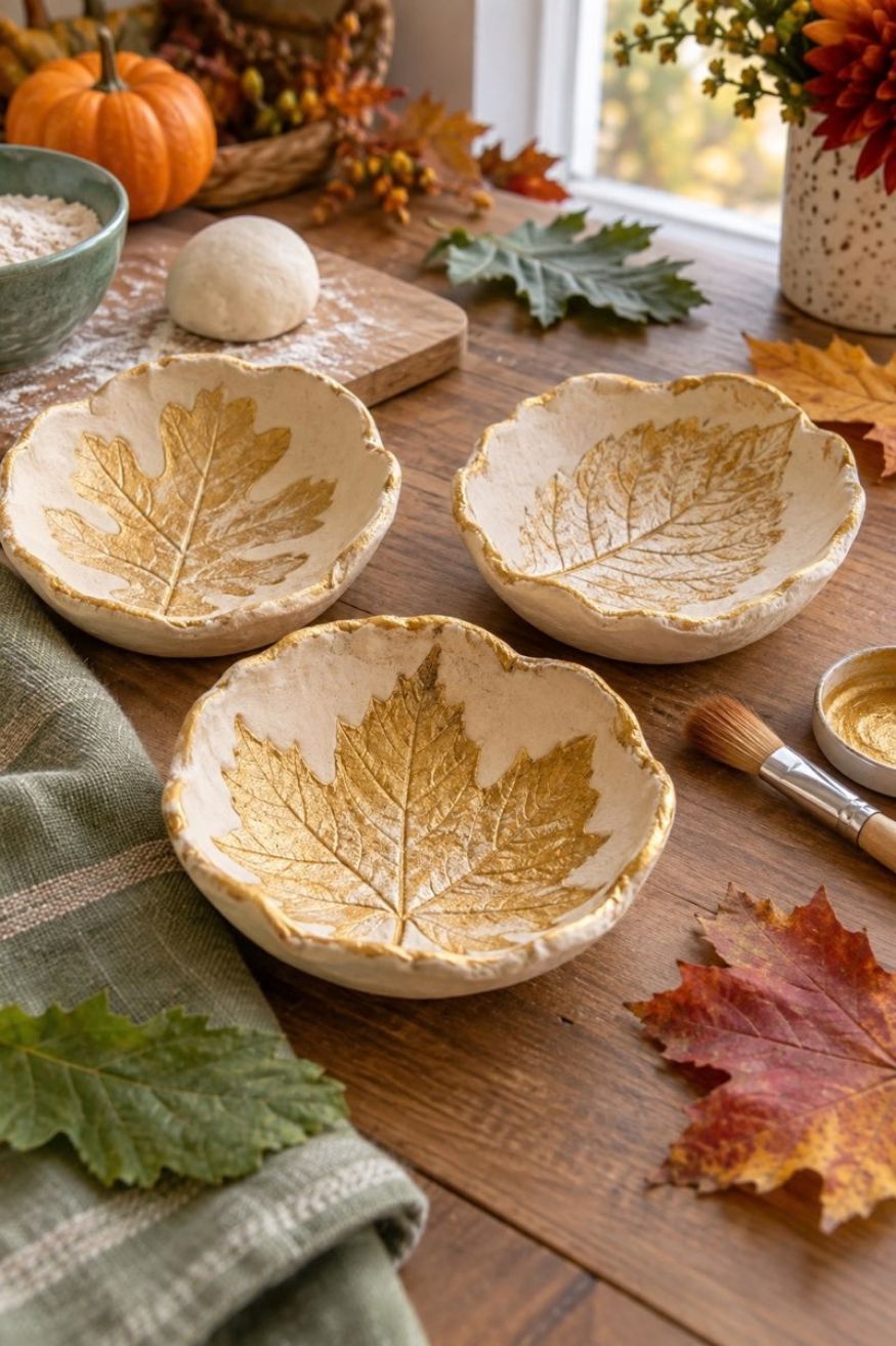 Salt dough bowl stamped with natural leaf vein impressions and highlighted with gold metallic paint edges