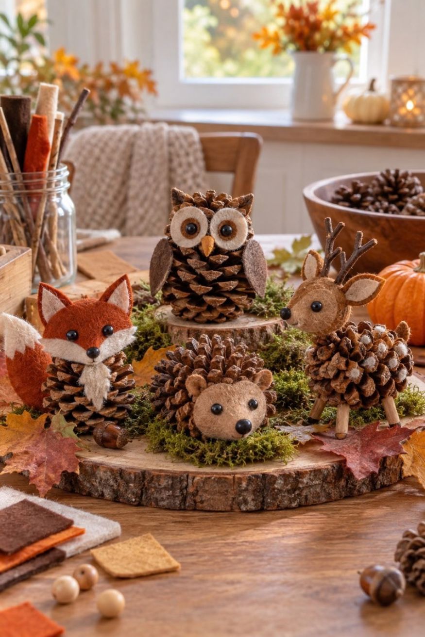 Pinecones decorated with felt ears, tiny pom-pom noses, and googly eyes into cute woodland animals