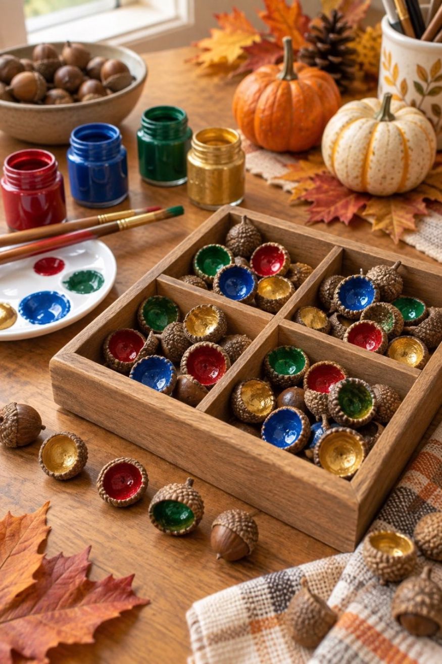 Natural acorn caps painted inside with metallic gold, copper, and bronze paints hanging on twine strands