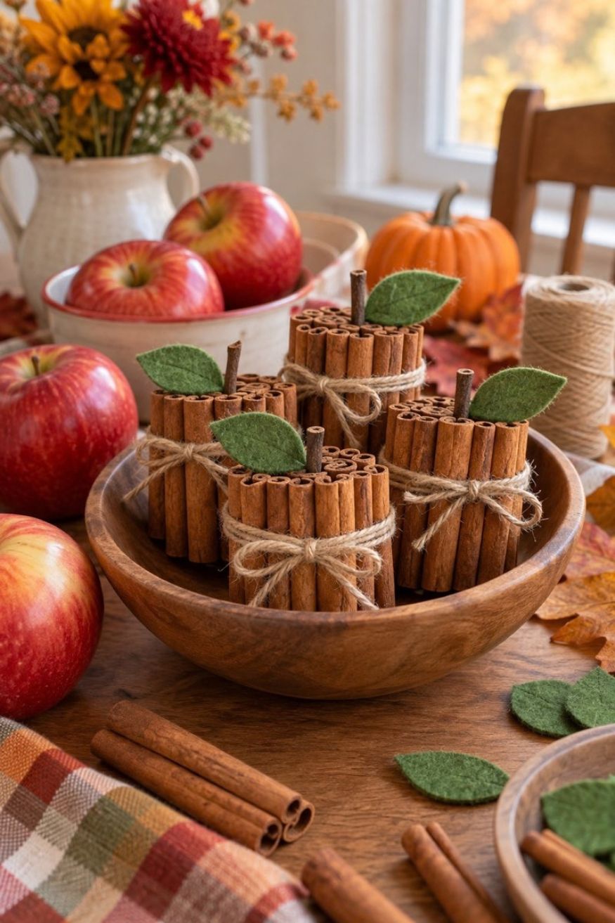 Cinnamon sticks wrapped tightly with red yarn into plump apple shapes topped with felt leaves
