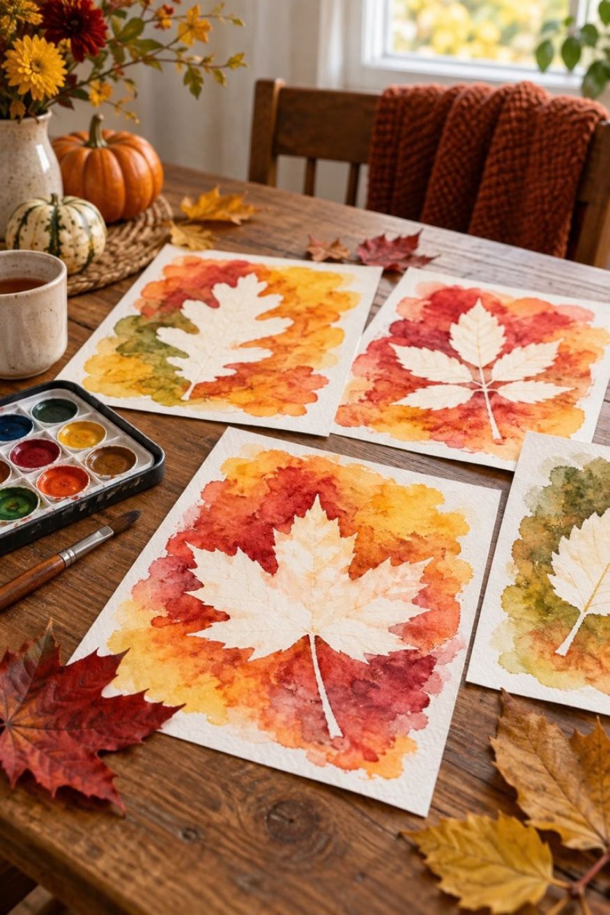 Watercolor paper painted with warm autumn hues around crisp white pressed leaf silhouettes