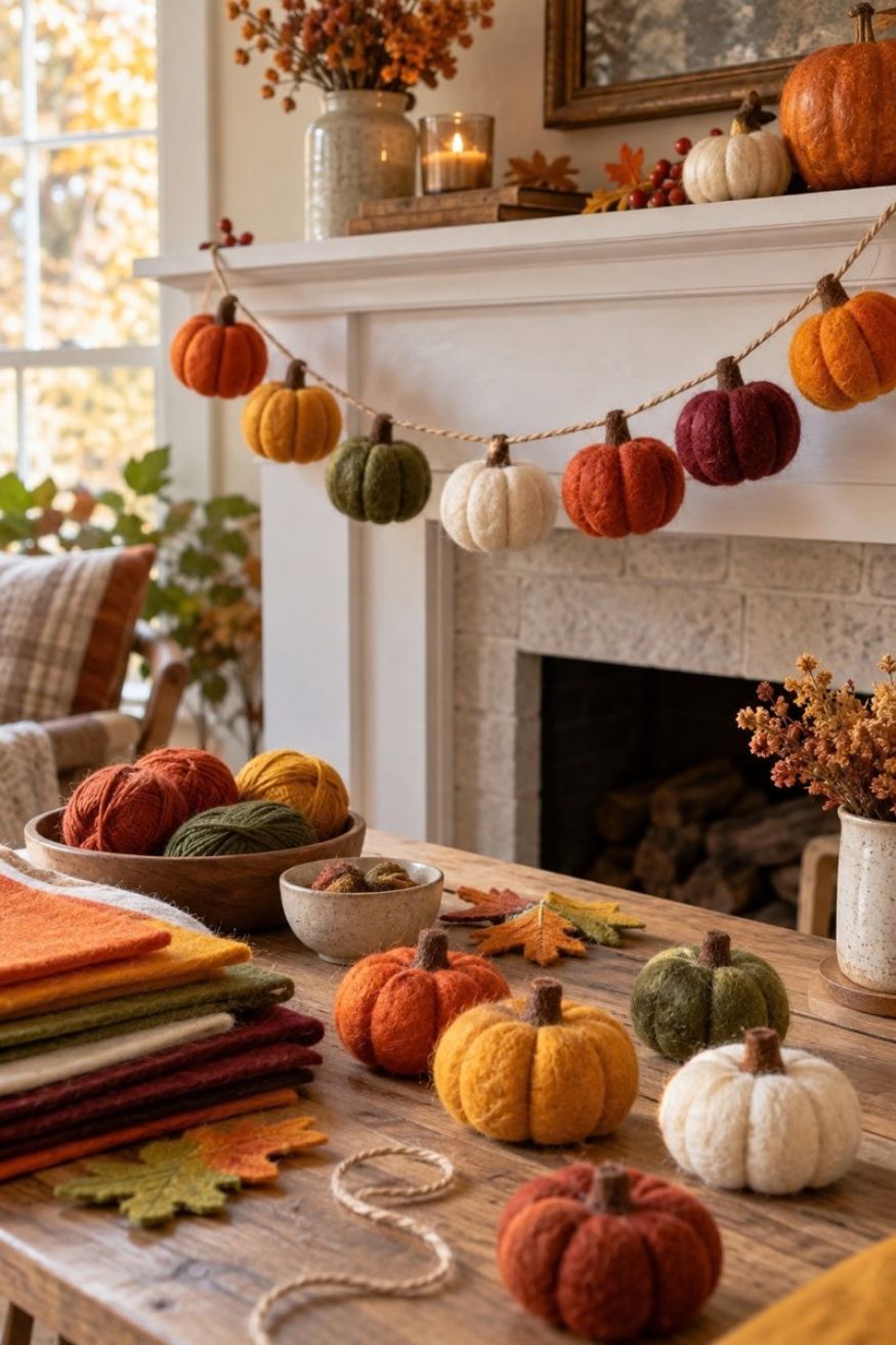 Terracotta and rust felt pumpkin cutouts strung on jute twine between natural wooden beads