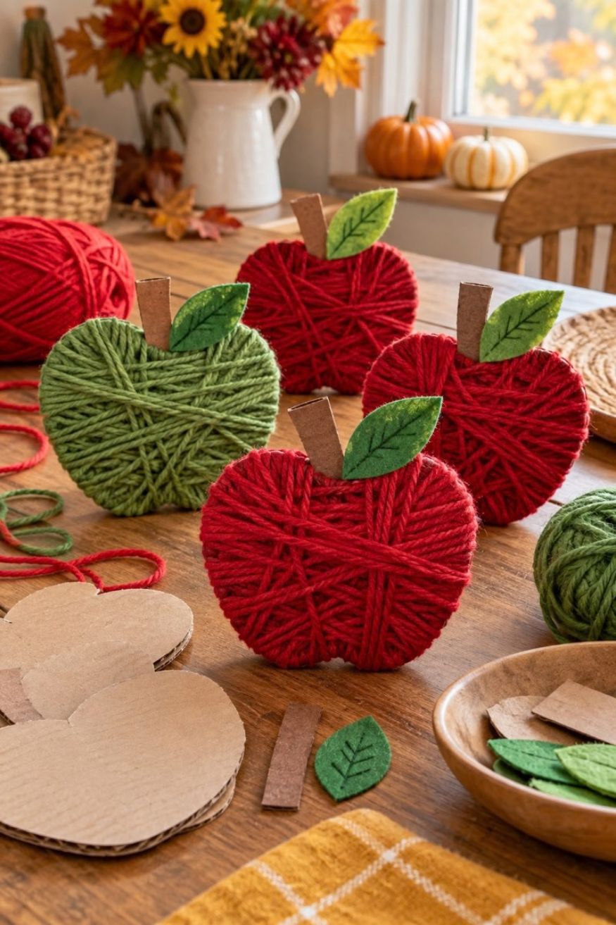 Cardboard apple silhouettes wrapped in thick red, green, and yellow yarn strands