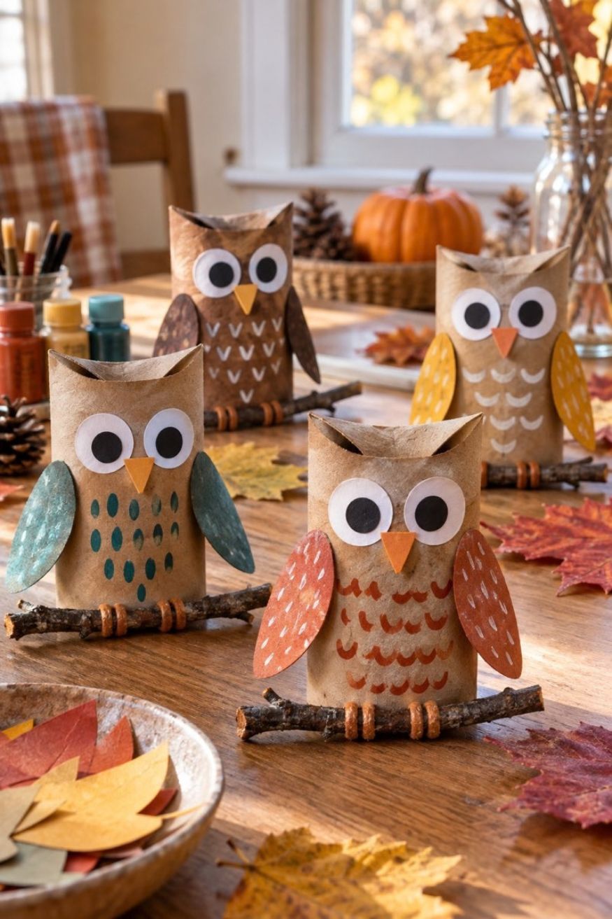Recycled cardboard paper rolls painted brown with folded ear tufts, muffin liner wings, and yellow paper eyes