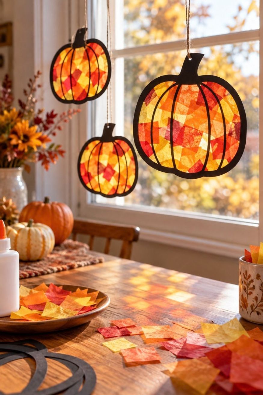 Translucent orange and red tissue paper pumpkin suncatchers sealed in contact paper on a sunny window pane