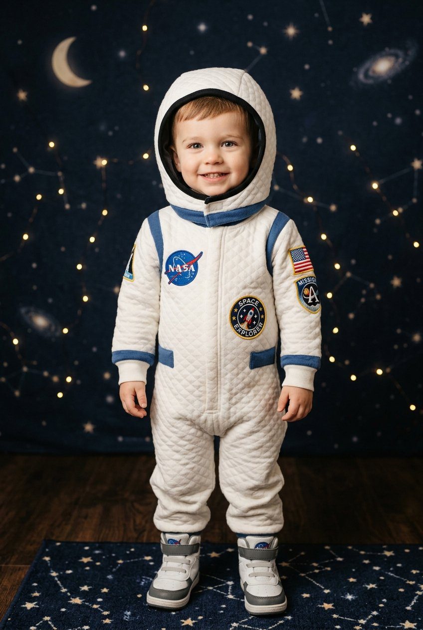 A toddler boy in a soft white quilted astronaut suit with blue trim and space mission patches standing against a starry backdrop