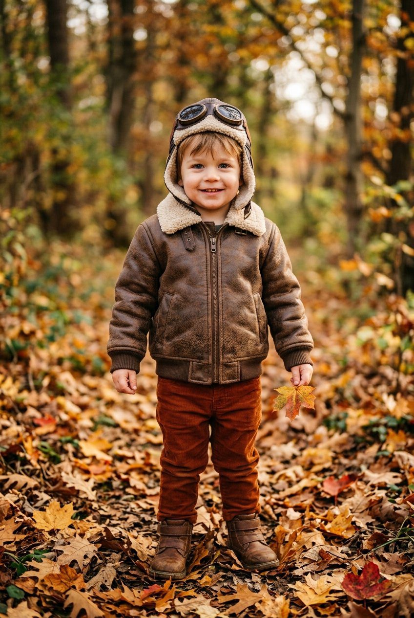 A toddler boy wearing a brown distressed faux-leather bomber jacket with sherpa collar, fleece pilot goggles cap, and rust corduroy trousers