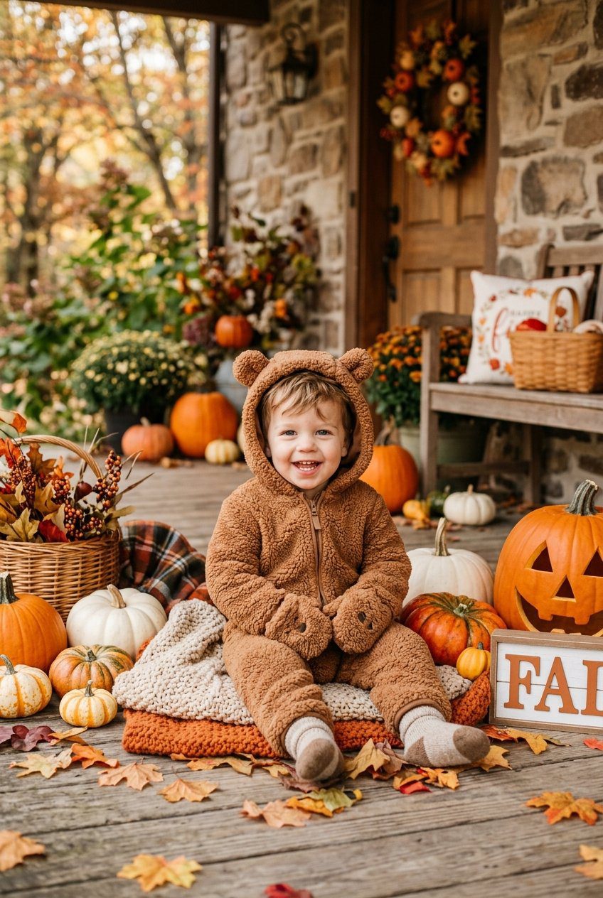 A toddler boy in a fuzzy sherpa teddy bear hooded jumpsuit with rounded ears standing among fallen autumn leaves