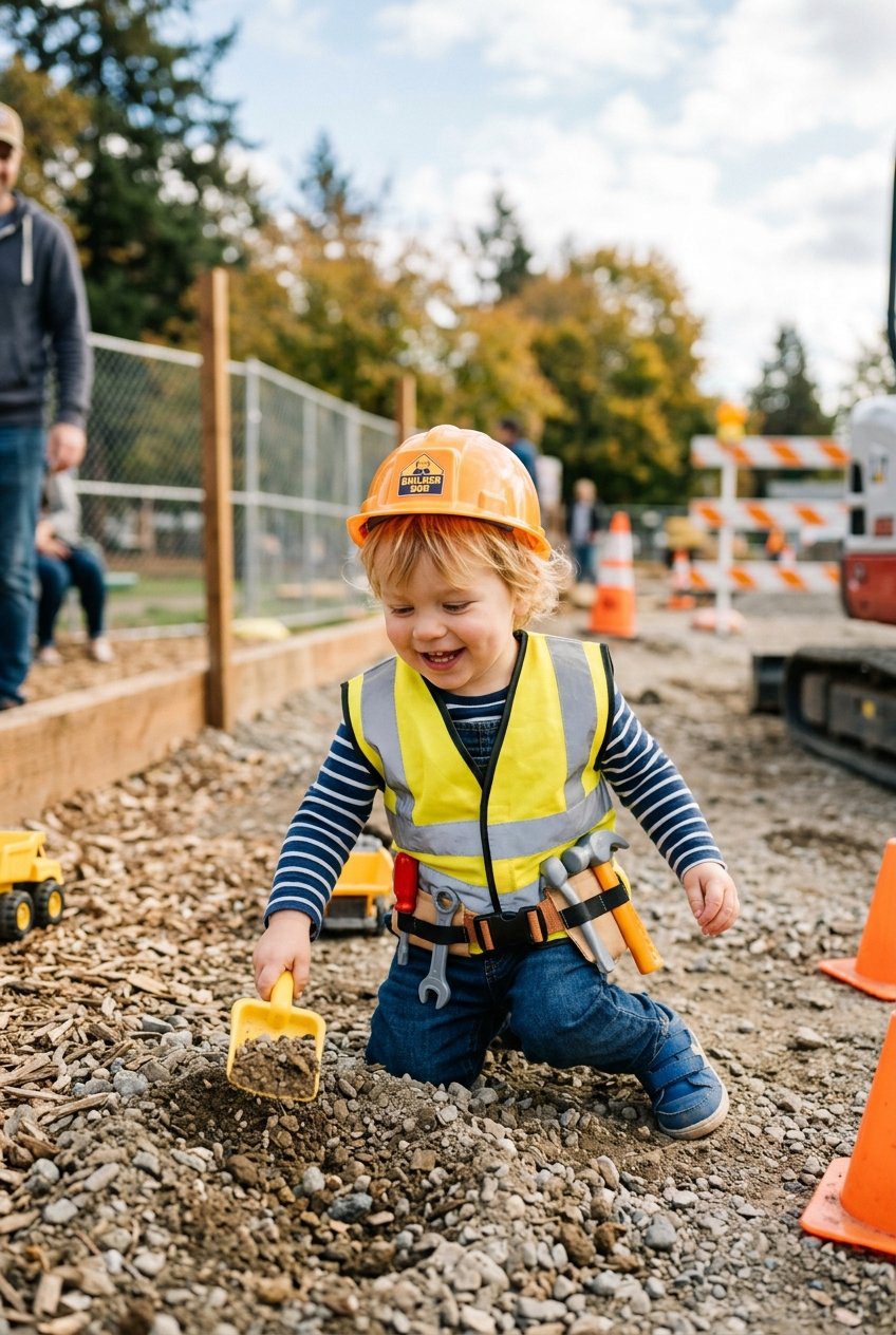 A young boy in a bright neon orange high-visibility vest over a plaid shirt with a lightweight plastic yellow hard hat and toy wrench