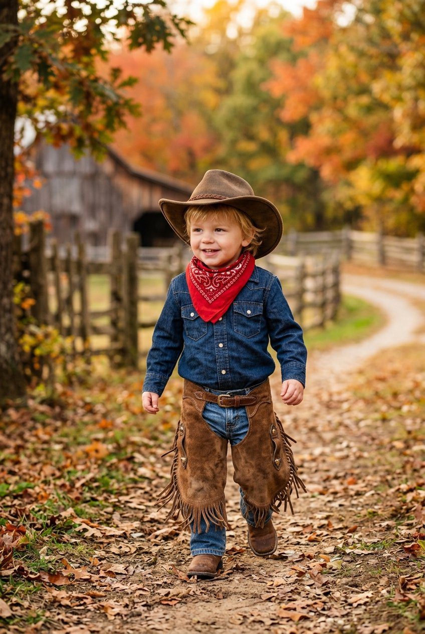 A toddler boy wearing a brown faux-suede vest with fringe, denim jeans, a red cotton bandana neckerchief, and a soft felt cowboy hat