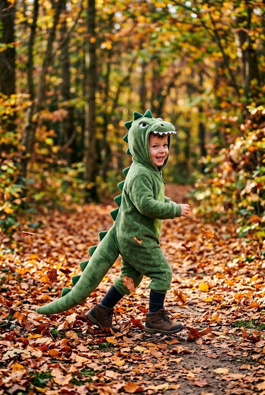 A toddler wearing an olive green soft velour hooded jumpsuit with plush yellow dinosaur spines running down the back