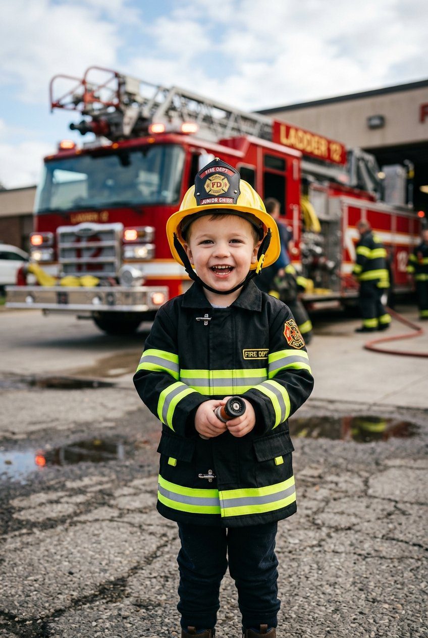 Toddler boy wearing a tan canvas firefighter jacket with reflective yellow and silver safety stripes and a black fabric fire chief hat
