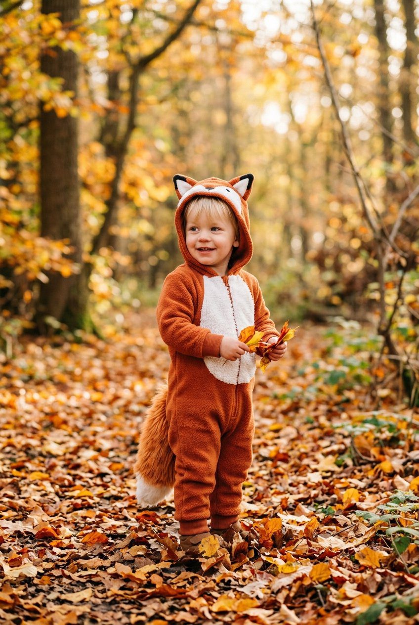 A toddler boy dressed in a burnt orange fleece fox romper costume with pointed fox ears and fluffy tail standing in autumn woods