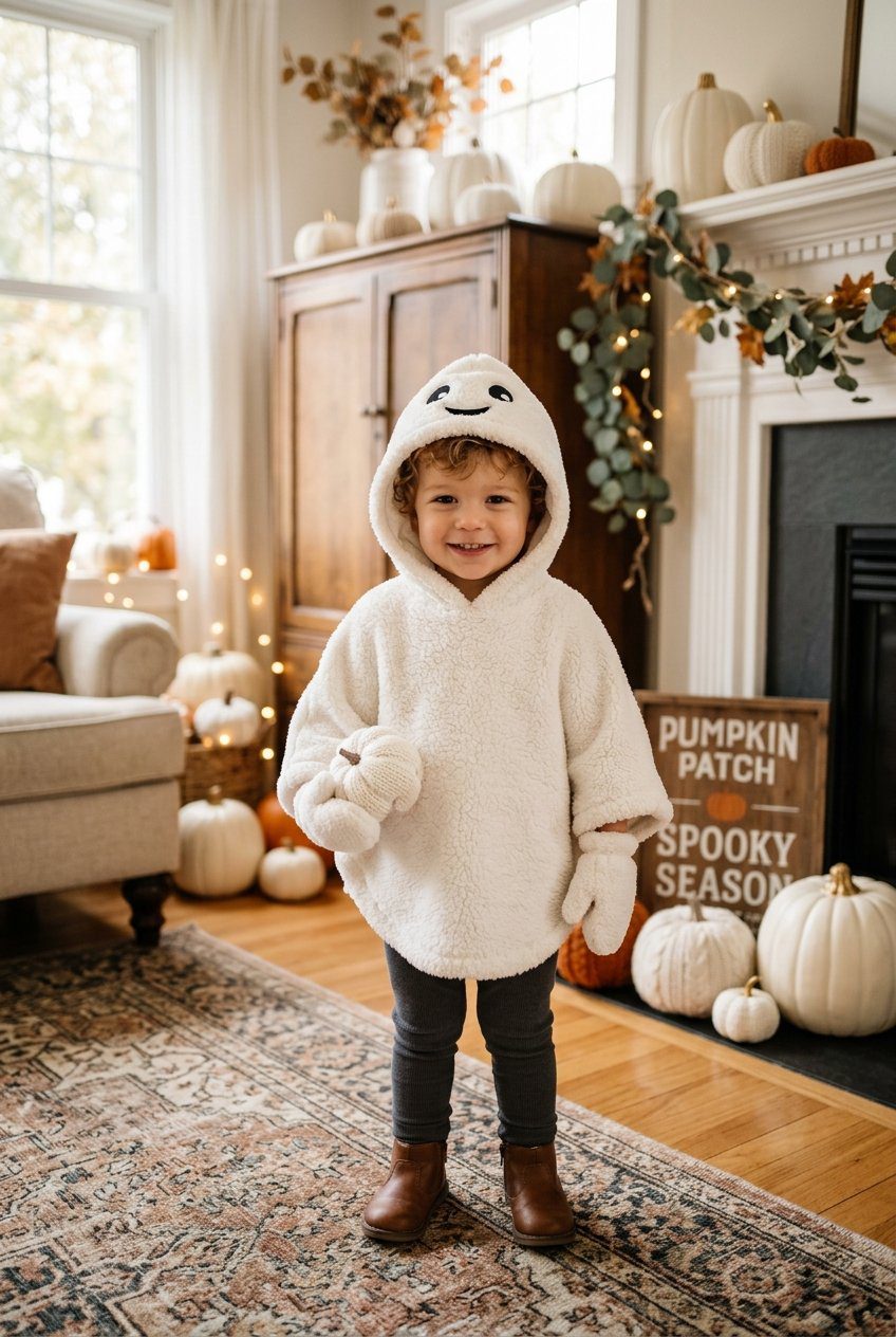 A toddler boy smiling in a cozy white sherpa fleece hooded poncho with embroidered ghost eyes standing near neutral autumn decor