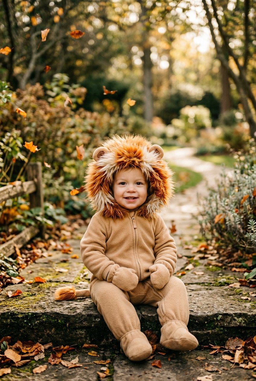 Toddler in a golden tan fleece jumpsuit with a fluffy faux-fur mane surrounding the hood, standing happily outside in autumn light