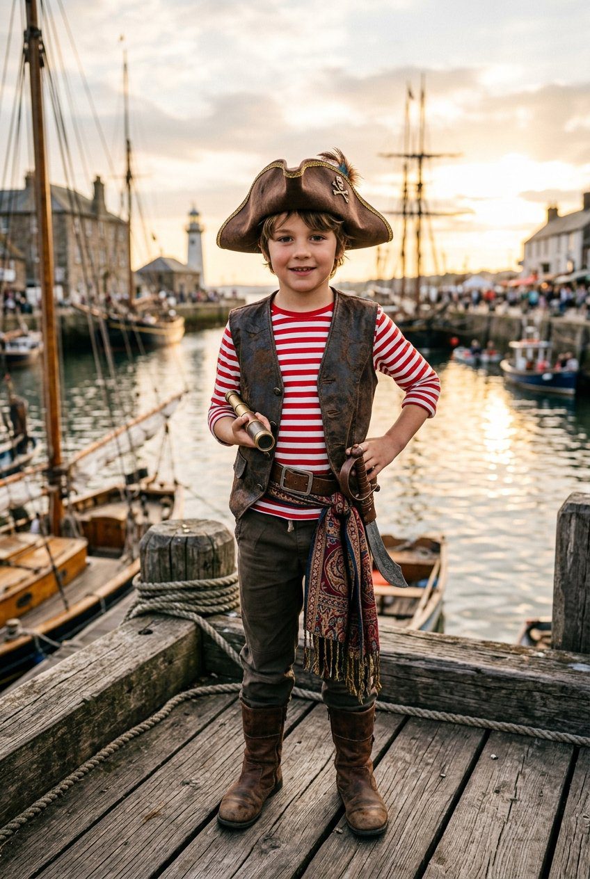 A boy in a striped linen shirt, faux-leather vest, striped red sash, and soft tricorn pirate hat smiling outdoors