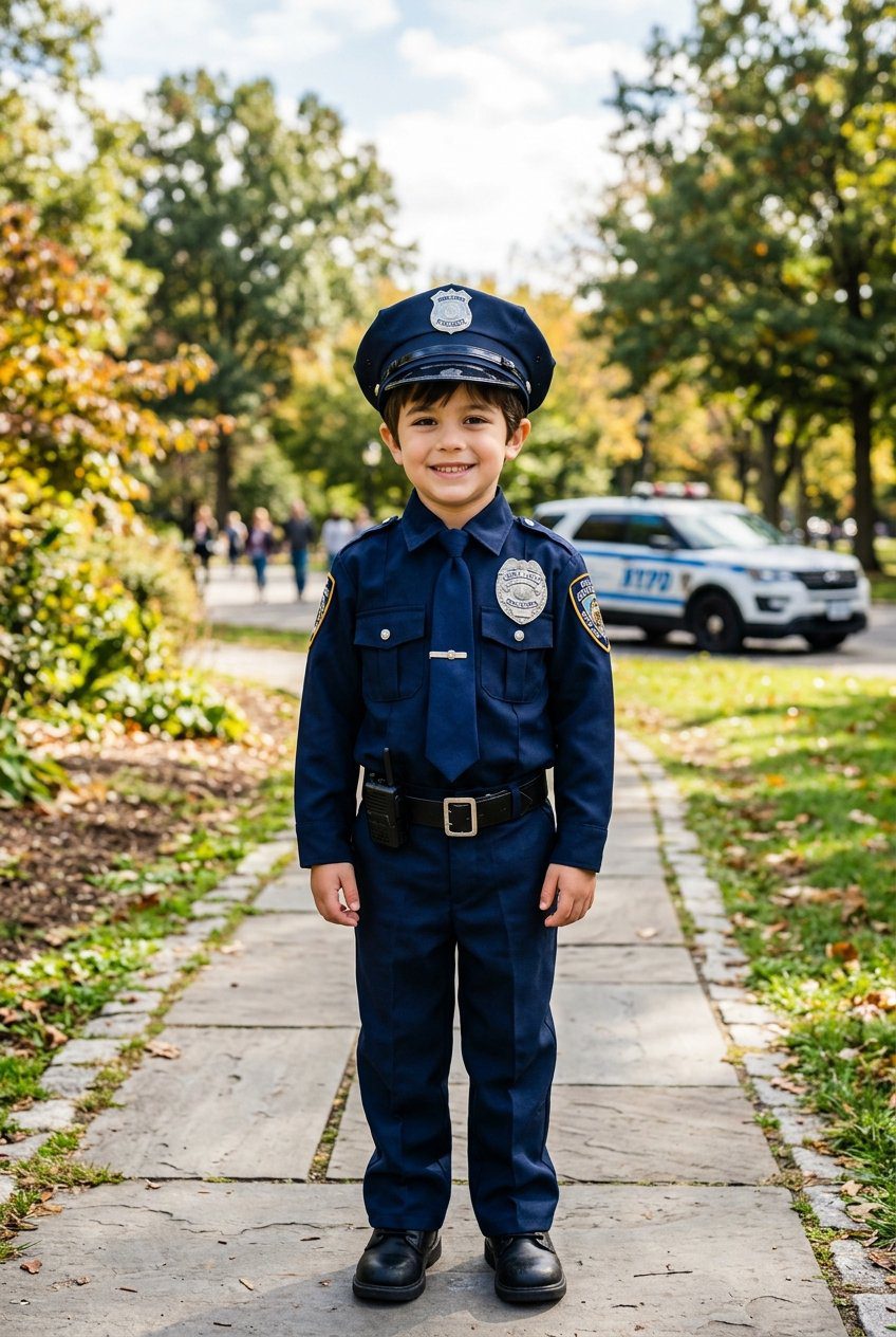 A young toddler boy standing proud in a navy blue police officer uniform shirt with embroidered gold patches, dark trousers, and matching officer cap
