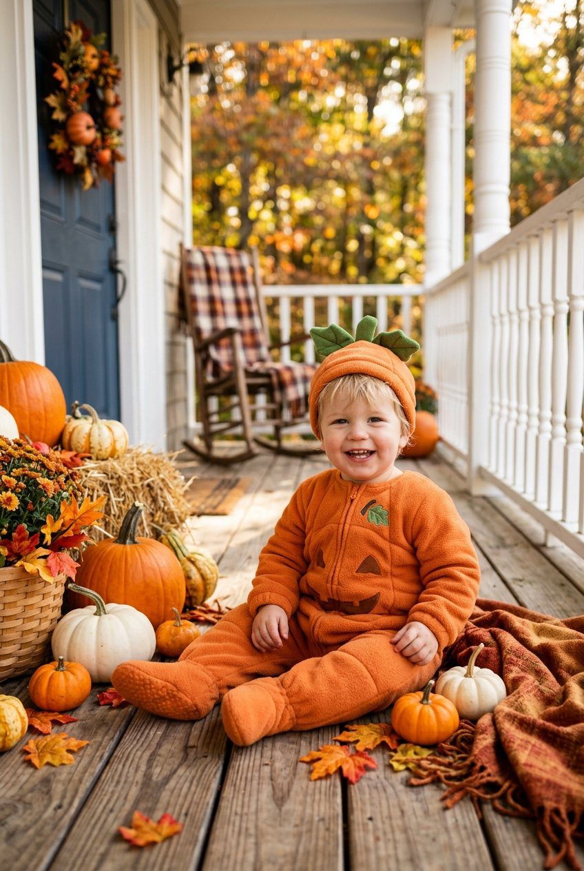 A sweet baby boy in a plush orange pumpkin romper with embroidered green vine collar smiling in a cozy harvest basket