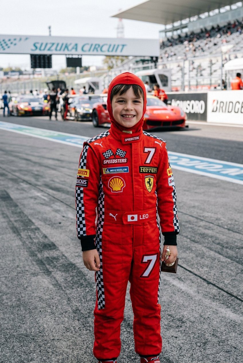 A young boy in a bright red race car driver jumpsuit styled with checkered flag side panels, embroidered racing patches, and black sneakers
