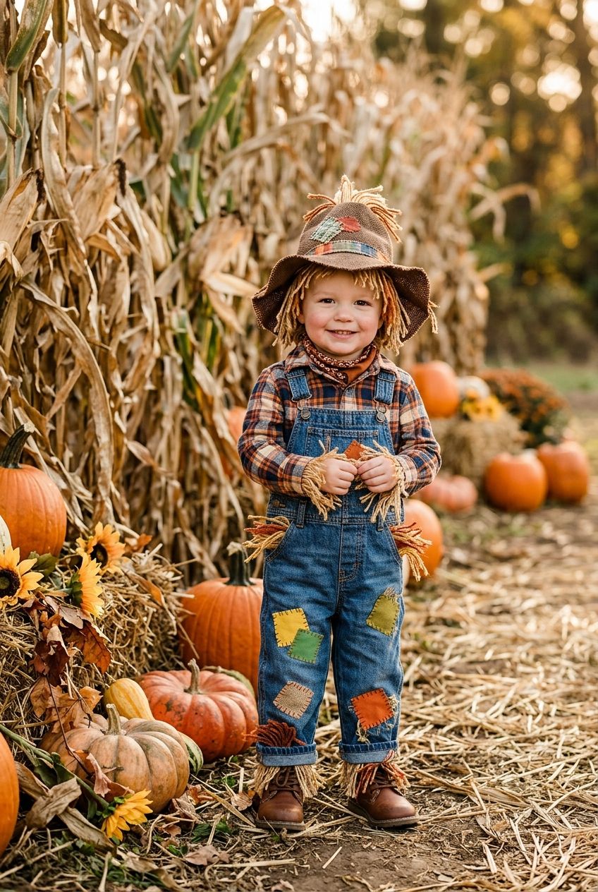 Toddler boy wearing a plaid shirt, patched denim overalls with soft yarn straw fringe at wrists, and a floppy burlap hat in a cornfield