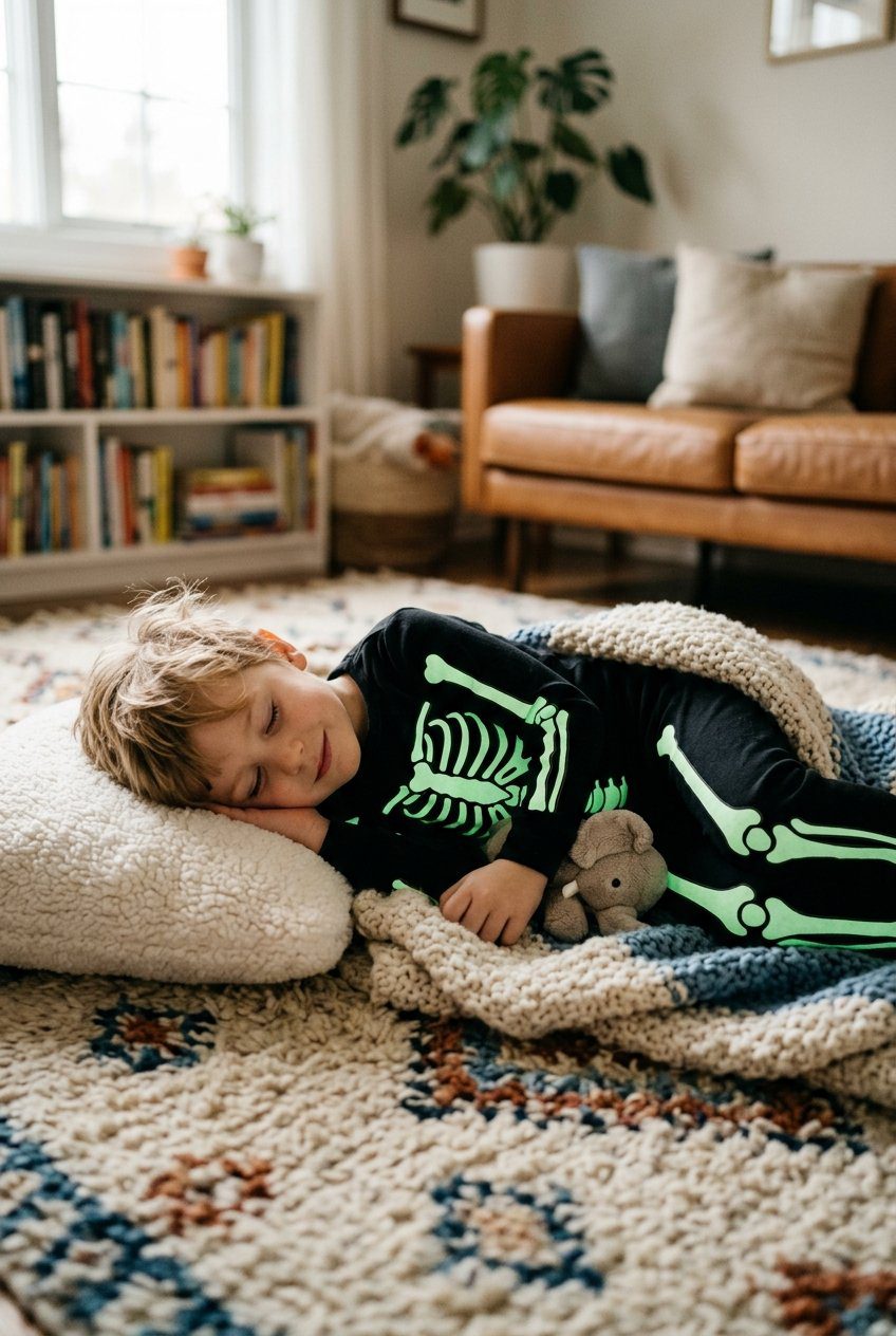 A young boy smiling in black organic cotton long-sleeve pajamas printed with a white glow-in-the-dark skeleton ribcage and leg bones