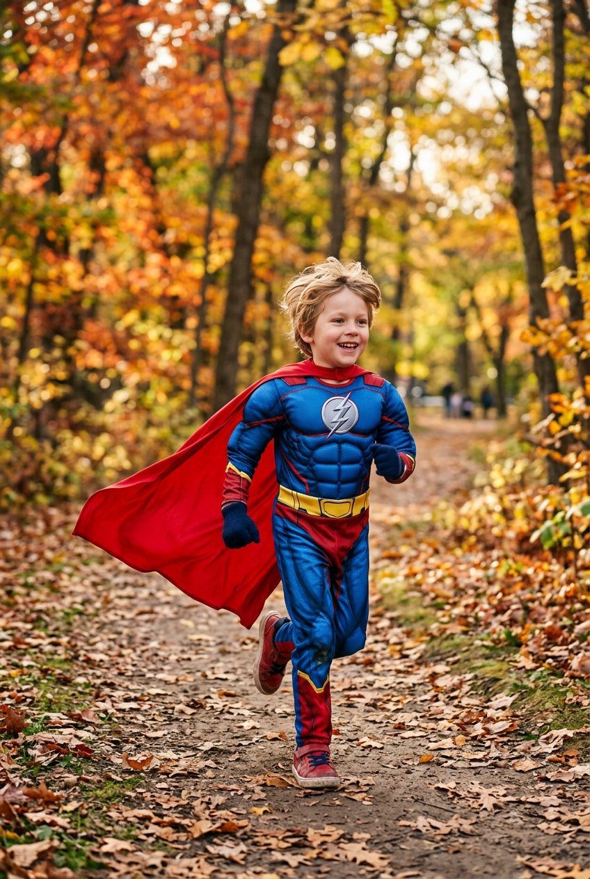 A young boy in a blue and red soft fabric superhero costume with a stitched emblem on the chest and bright red cape outdoors