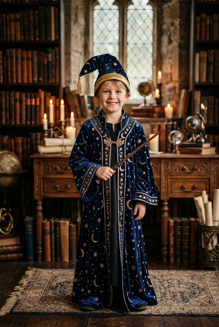 A young toddler in a deep midnight blue velvet hooded cape patterned with gold foil stars and crescent moons holding a wooden wand