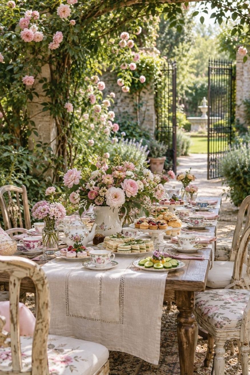 Outdoor tea party table set with mismatched vintage porcelain teacups, linen runners, and climbing garden roses