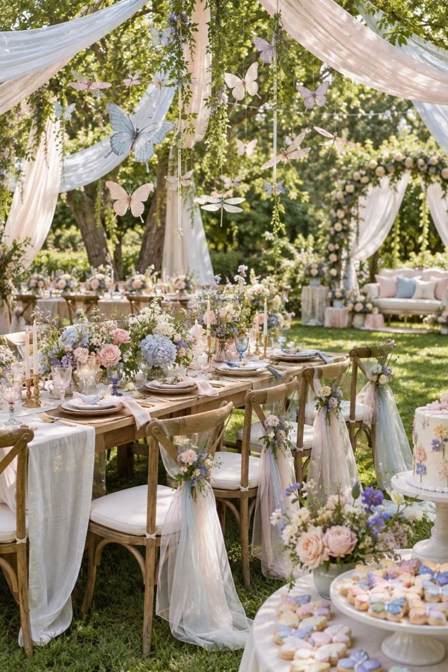 Delicate paper butterflies suspended above outdoor dining tables with sheer organza drapes in soft spring breezes
