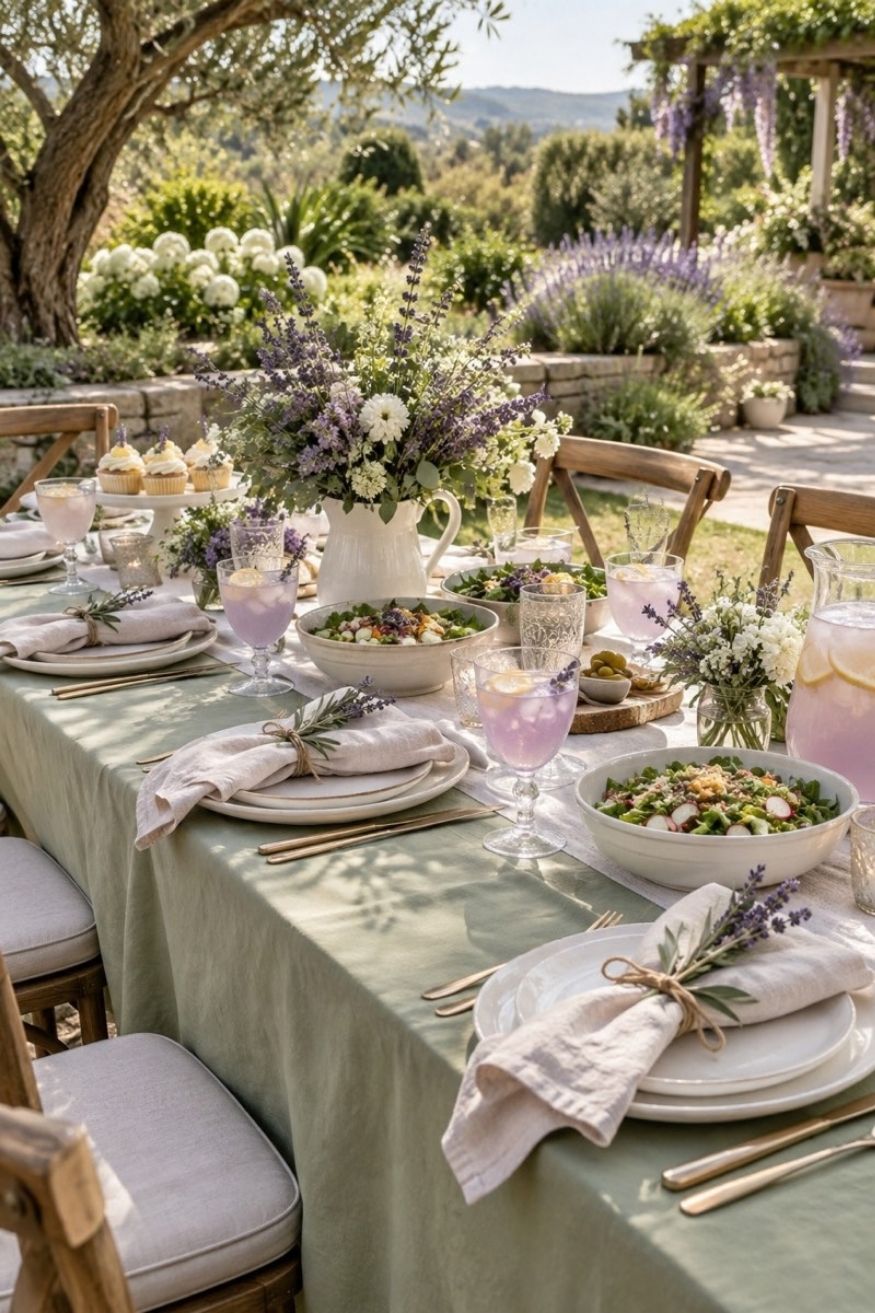 Sage green tablecloth with fresh lavender sprigs tied around cloth napkins with twine alongside glass pitchers of herbal lemonade