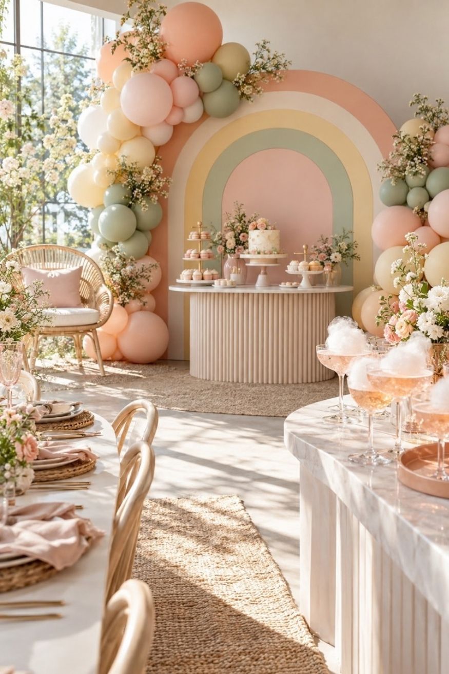 Muted pastel rainbow balloon arch featuring peach, sage, blush, and butter yellow balloons behind sparkling mocktails with cotton candy