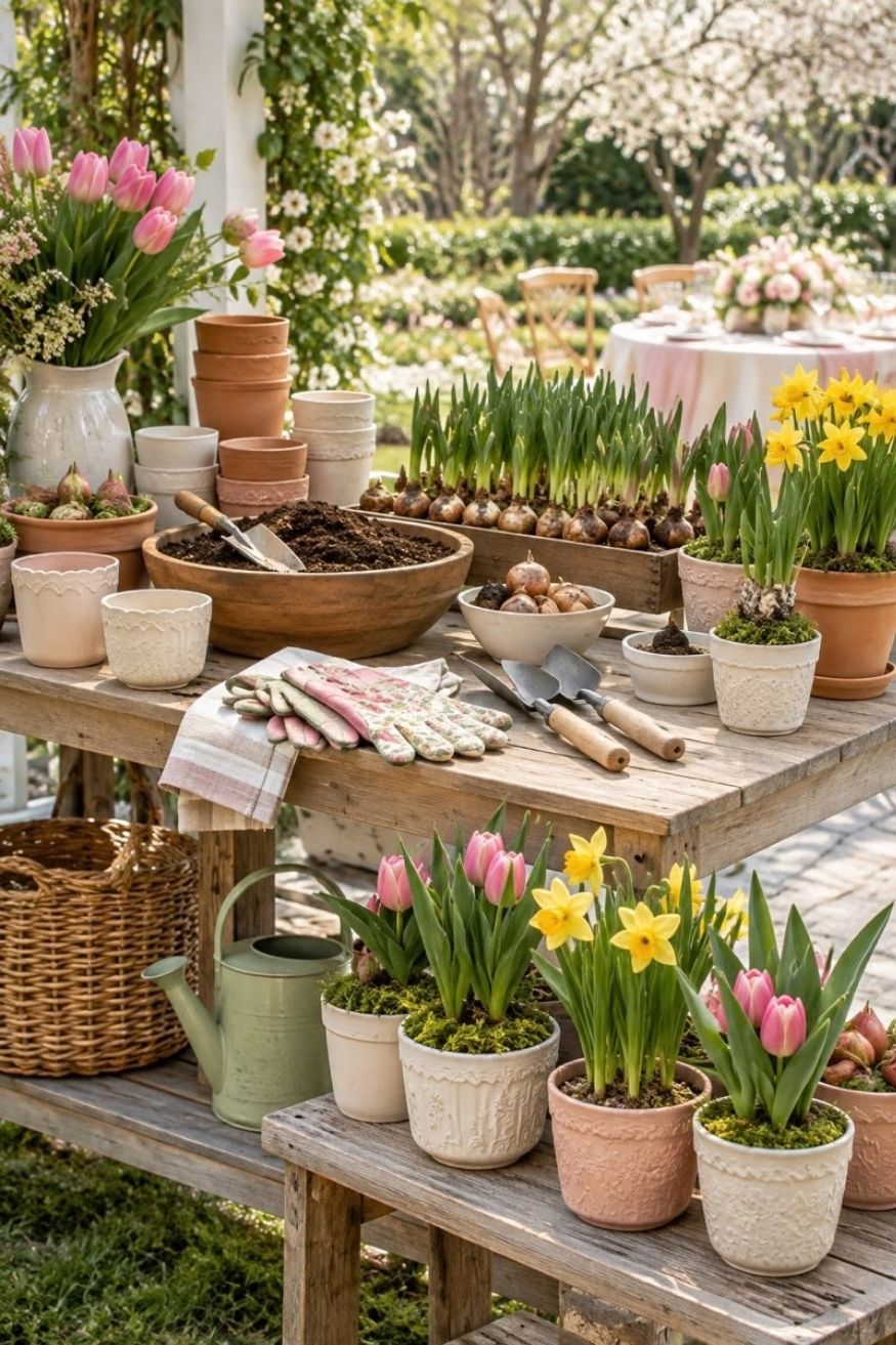 Interactive potting station with small ceramic pots, garden soil scoops, and sprouted tulip and daffodil bulbs