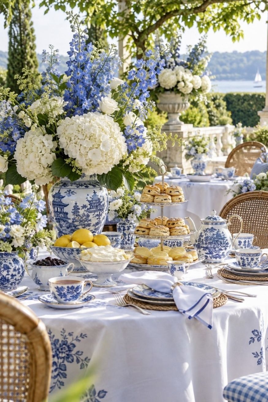 Blue and white Chinoiserie porcelain vases filled with fresh white hydrangeas and blue delphiniums on white linen tablecloths