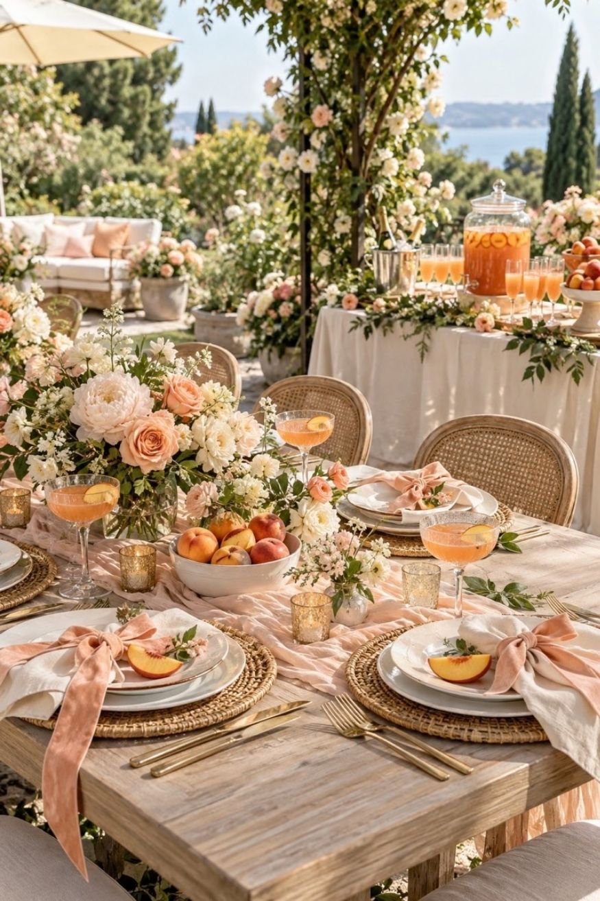 Peach velvet ribbons tied around ivory linen napkins alongside a peach bellini mocktail station with fresh peach puree