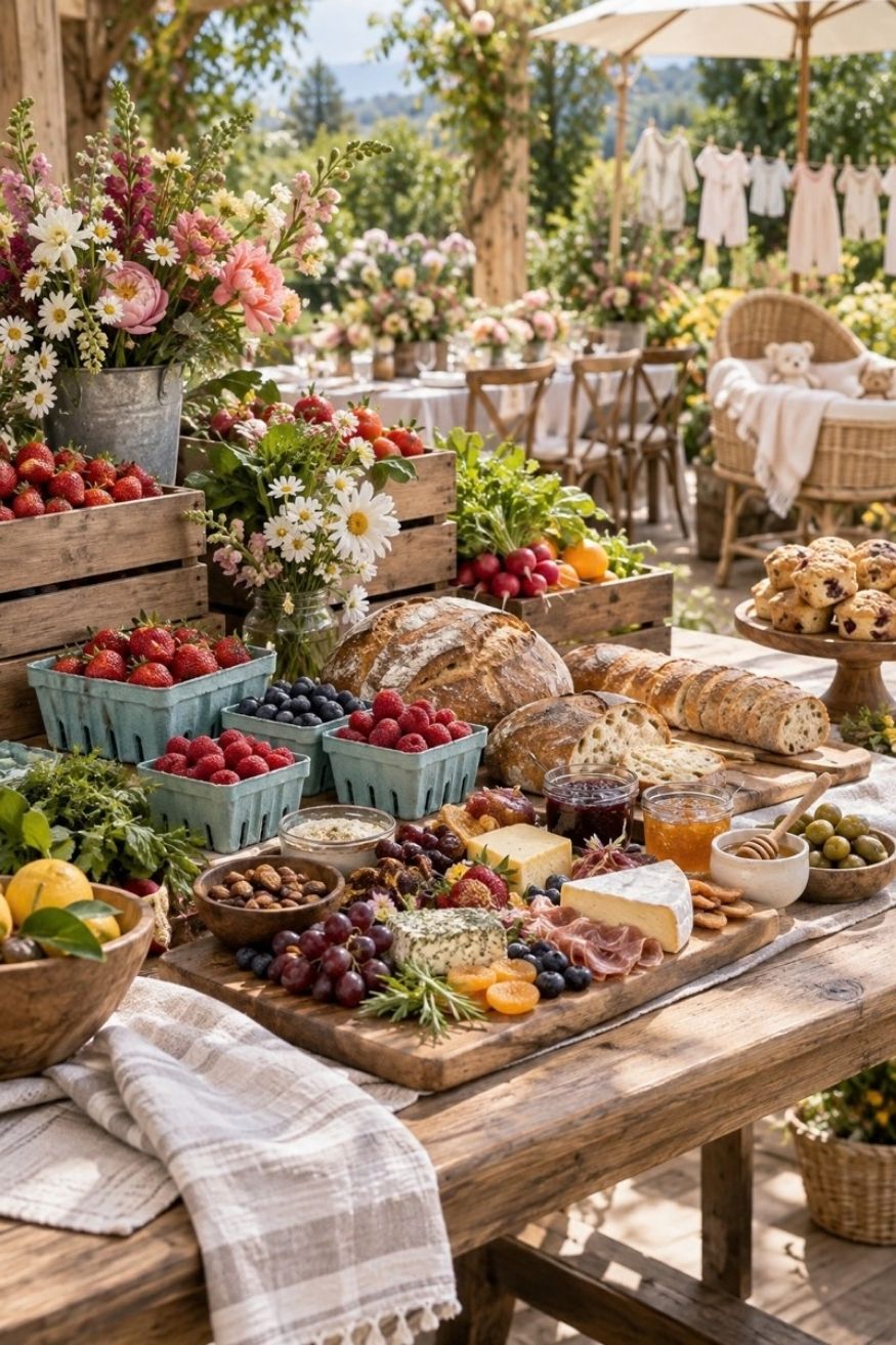 Fresh berries in pulp baskets arranged on wooden crates with sourdough loaves and seasonal flower stems